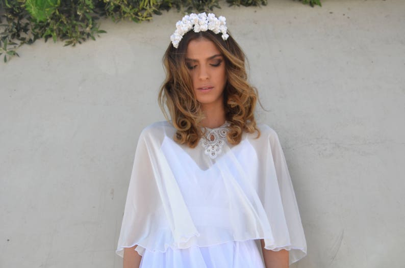 Bridal Chiffon cape, bride shawl with embroidery, lace shrug chic Capelet wedding cover image 5