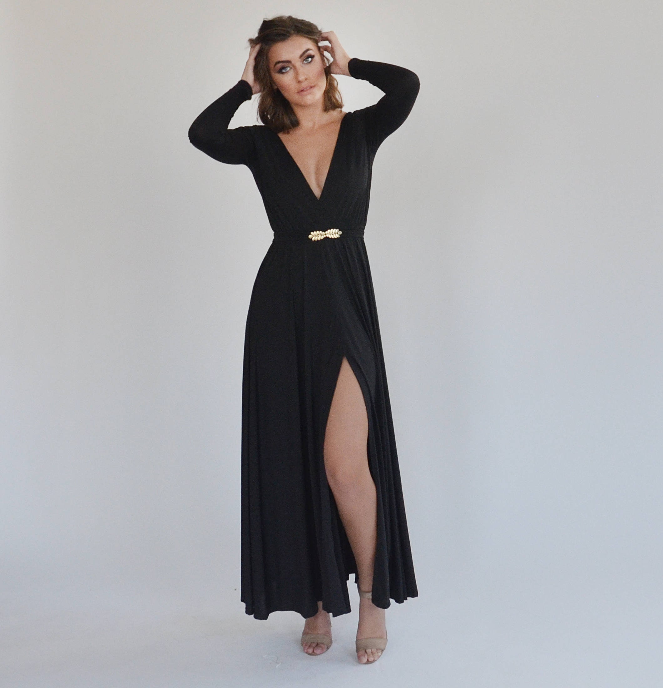 formal long sheath dress ZAPAKA Women Black Formal Dress Sheath Off The Shoulder Long Sleeves Mesh And Lace Long Formal Wear Dress, Black / US22W main image 0