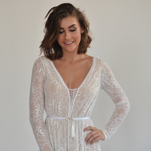 wedding dress all lace with long sleeves, low back wedding dress, bohemian wedding dress, nude color lining wedding dress with an open back image 2