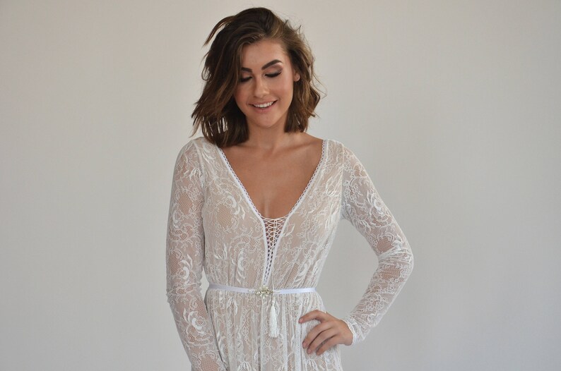 wedding dress all lace with long sleeves, low back wedding dress, bohemian wedding dress, nude color lining wedding dress with an open back image 2