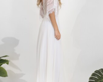 knee length dresses for ladies Fitted Wedding Dress with Detachable Train & Slit Skirt