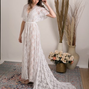 Bohemian lace wedding dress. Comfortable and glamorous boho wedding dress handmade from stunning floral lace with open back, train and slit. image 3