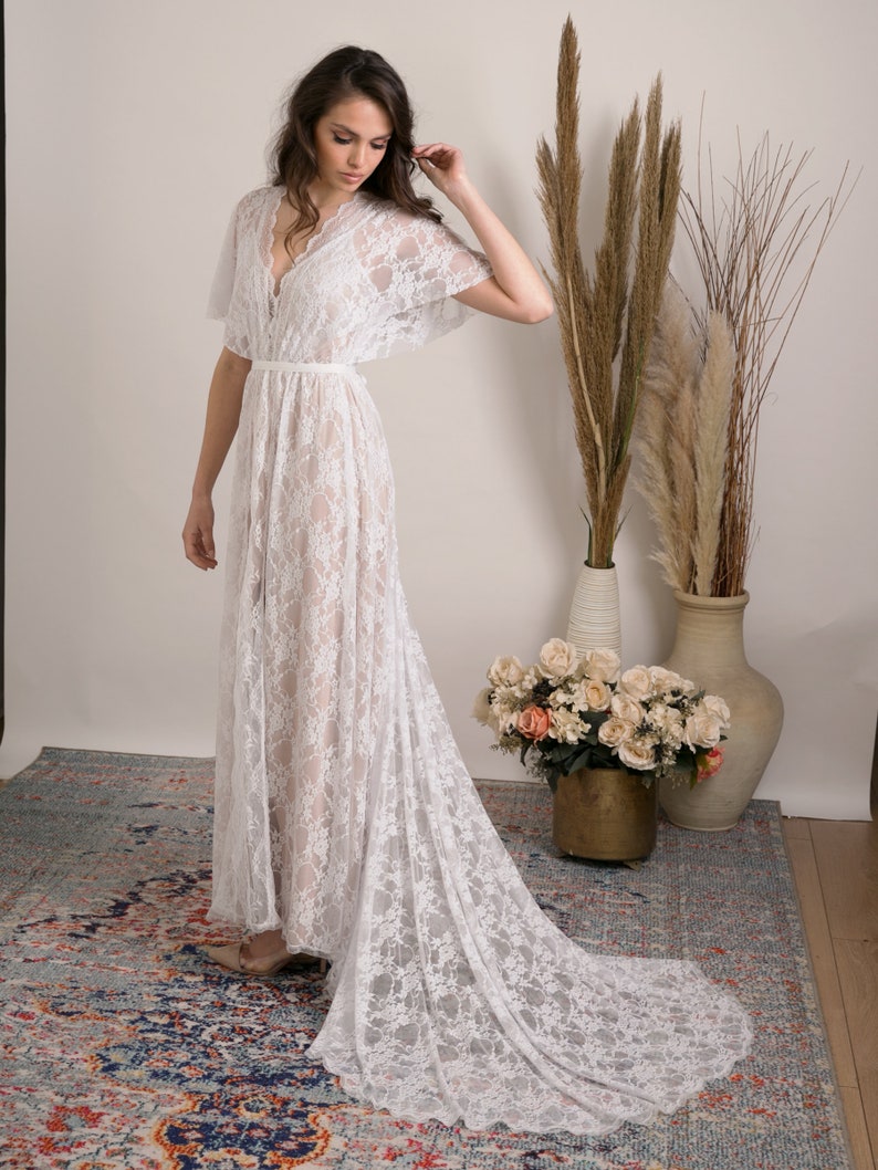 Bohemian lace wedding dress. Comfortable and glamorous boho wedding dress handmade from stunning floral lace with open back, train and slit. image 3