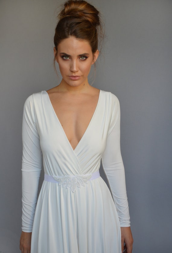 Barzelai Simple Wedding Dress Floor Length, Boho Wedding Dress, Long Sleeve Dress, Jewelry Belt V Neck Dress, Casual Wedding Dress, Modern Wedding