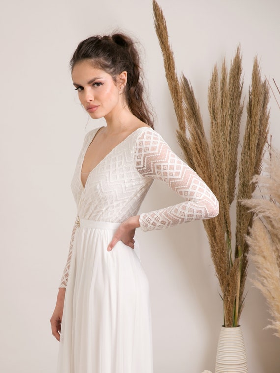 Unique Long Sleeves Boho Wedding Dress 