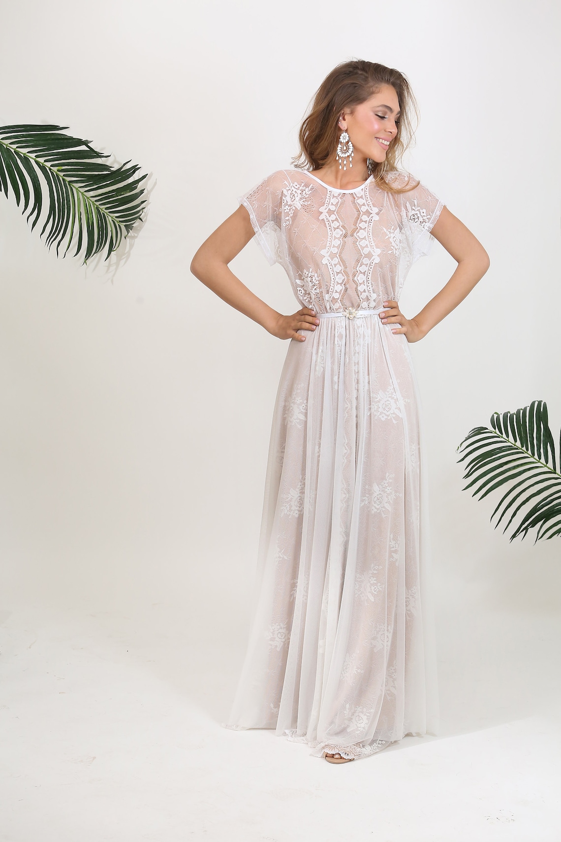 Bohemian Lace Cap Sleeves Tiered A-Line Wedding Dress