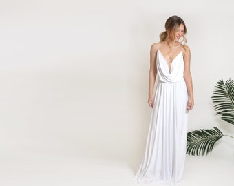 Wedding dress, plunge neckline wedding dress, unique wedding dress with open back and full circle skirt, simple and stunning wedding dress