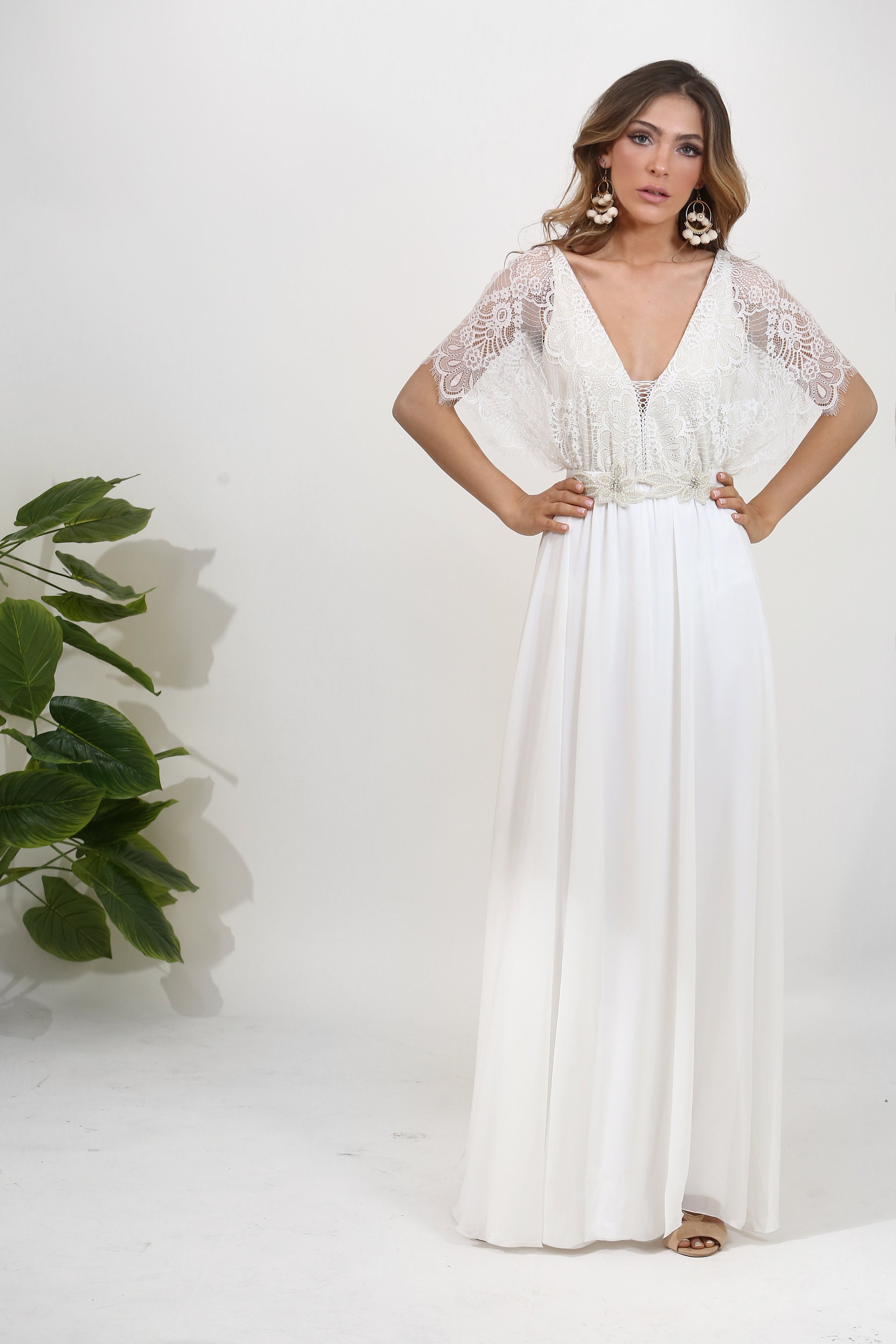 Lace wedding dress with kimono sleeves, low back wedding dress, boho wedding dress, Lace top wedding dress with an open back and maxi skirt