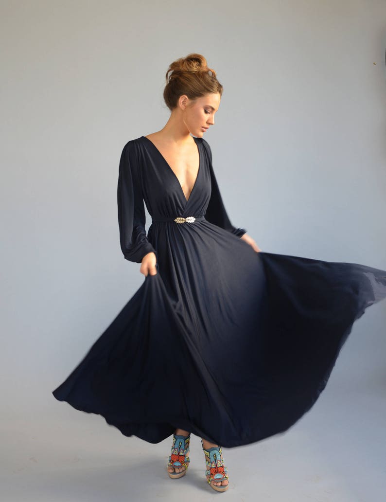 blue evening dress floor length bell shape dress party dress prom dress golden feather belt Bridesmaids dress