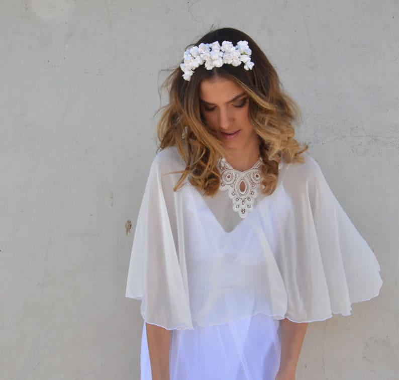 Bridal Chiffon cape, bride shawl with embroidery, lace shrug chic Capelet wedding cover image 9