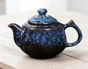 Handmade Navy Blue Ceramic Teapot with Tea Infuser | Dark Blue Gradient Glaze Pottery | Boho Tea Lover Gift | Rustic Kitchenware