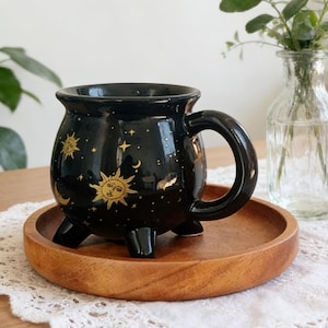 Himmelsk sol, måne, stjärna, kittelmugg, häxig keramisk kaffemugg, gotisk astrologimugg, häxkonstgåva, handgjord keramikmugg för kaffeälskare