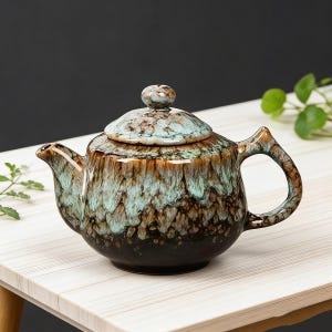 Mini tetera de cerámica hecha a mano, tetera pequeña con esmalte de cambio de horno, tetera única de gres verde y marrón, regalo bohemio para amantes del té, mini tetera individual.