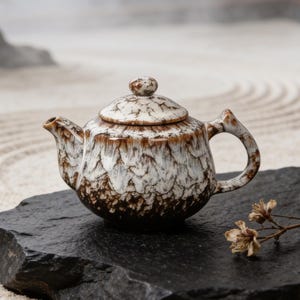 Puede incluir: Una tetera de cerámica con tapa, con un patrón texturizado en tonos marrones y blancos. La tetera tiene un asa curva y un pico. Se coloca sobre una superficie de piedra negra, con un fondo borroso.