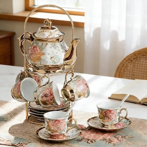 Multi Gold Tea Set 20 Piece Teapot 3 oz Cups Saucers Stainless Steel Spoons Rack