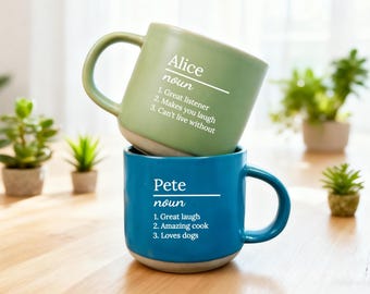 Taza personalizada con nombre y definición, grabada a láser, ideal como regalo para mamá, papá, cumpleaños, Navidad, Día de la Madre y del Padre. Personalización de texto.