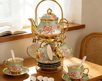 Service à thé floral vert menthe avec bordure dorée - ensemble théière et tasse en porcelaine vintage avec support - élégant cadeau de thé de l'après-midi pour pendaison de crémaillère