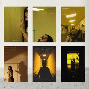 Peut inclure: Ensemble de six affiches de film pour "Backrooms". Les affiches présentent des images de personnes, de couloirs et du texte. La palette de couleurs est principalement jaune, noir et marron.