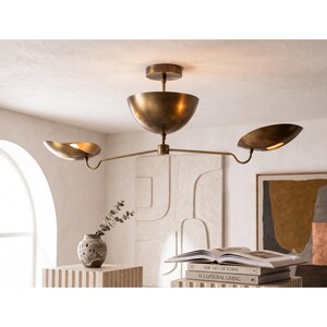 Mid Century Modern 3 Light Sputnik Chandelier | Brass Starburst Pendant Light | Curved Shade Indirect Lighting Ceiling Fixture