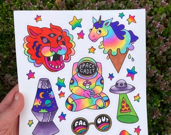 Far Out Flash Jumbo Vinyl Sticker Sheet- Groovy Trippy Psychedelic Space Cadet, Magic Mushrooms, Unicorn, Lava Lamp, Alien Pizza Abduction