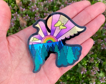 Peace Dove Holographic Sticker: Retro Rainbow Sunset Landscape