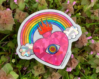 Rainbow Heart Tarot Sticker: Psychedelic Holographic Sacred Heart (3x3")