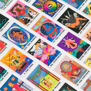 Rainbow Heart Tarot card deck with diagonal grid of card artwork- illustrations feature a retro groovy psychedelic fstyle