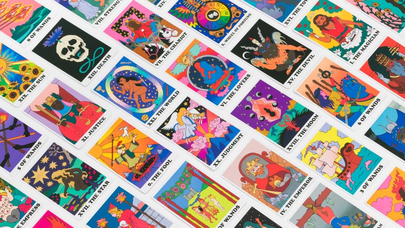 Rainbow Heart Tarot card deck with diagonal grid of card artwork- illustrations feature a retro groovy psychedelic fstyle