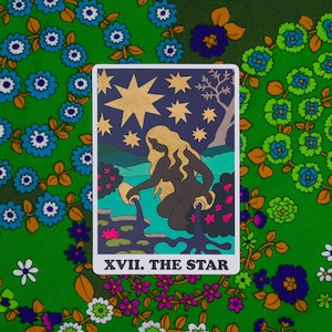 The Star card from the Rainbow Heart Tarot against retro floral fabric background