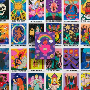 Rainbow Heart Tarot card deck with grid of card artwork behind the box- with a retro groovy illustration style