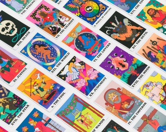 Rainbow Heart Tarot Wholesale (10 Decks) - 78 card deck with colorful, retro illustrations, painted with love in Portland, OR.