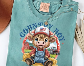 Country Boy Highland Cow PNG Trendy Farming PNG Boy Cow Print Country Sublimation Farm Design Farmer Shirt Country Life Funny Cow Gift PNG