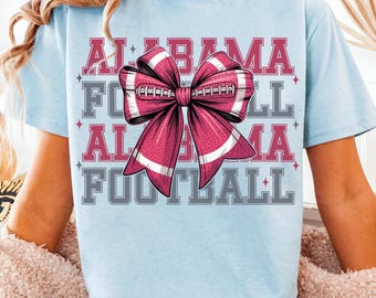 Alabama Coquette Football PNG Bama Roll Tide Football Bow Shirt PNG Football Mom Png Crimson Roll Tide College Football Game Day Sublimation