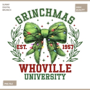 Grinchmas Coquette Bow Png, Whoville Grinchmas Png Christmas Lights Bow Christmas Season Png, Retro Christmas Shirt Png Xmas Girly Christmas
