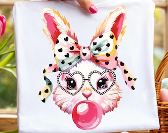 Easter Bunny Coquette PNG Happy Easter PNG Preppy Girl Spring Shirt PNG Brushstroke Bunny Bubble Gum Png Kids Easter Sublimation Dtf Designs