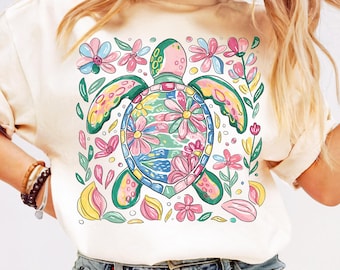 Boho Sea Turtle PNG Floral Summer Sublimation Design for Girls Beach Shirt Coastal Aesthetic Ocean Turtle PNG Vacation DTF Print Gift