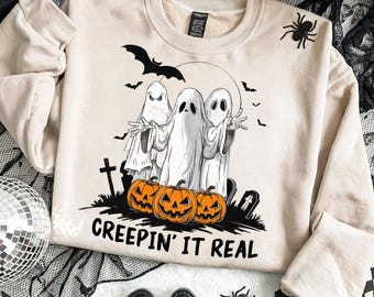 Creepin' It Real PNG Funny Ghost Halloween Shirt PNG Retro Spooky Season Ghosts Pumpkins PNG Halloween Fall Sublimation Design Spooky Ghosts