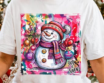 Let It Snow PNG Christmas Snowman PNG Merry Christmas Holiday Shirt PNG Santa Hat Snowman Sublimation Design Colorful Winter Xmas Download
