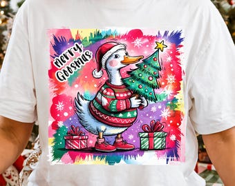 Oie de Noël PNG Noël preppy PNG Père Noël joyeux Noël chemise de vacances PNG Sapin de Noël Oie drôle hiver Design en sublimation