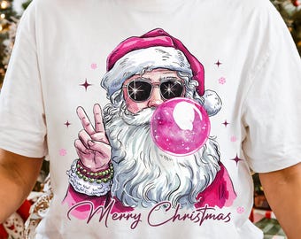 Retro Santa Christmas Blowing Bubble PNG Preppy Christmas PNG Merry Christmas Holiday Shirt PNG Winter Sublimation Sunglasses Santa Xmas Dtf