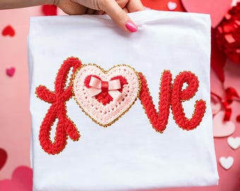 Valentinstag Liebe PNG Kunstgarn Valentine PNG Kokette Valentinstag Hemd Png Knüpfhaken Garn Gehäkeltes Herz PNG Preppy Sublimationsentwürfe