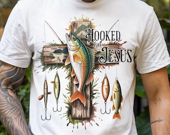 Hooked on Jesus Camo Cross Fishing PNG Watercolor Fish Christian Sublimation Design Faith Aesthetic Religious Shirt Bible Verse Download