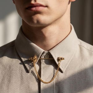 May include: A gold-colored collar bar with a chain, worn on a light beige button-down shirt. The bar has decorative ends and a delicate chain that drapes between the shirt's collar points. The shirt is buttoned at the top.