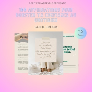 Può includere: Un ebook guida intitolato "100 affermazioni per aumentare la tua fiducia quotidiana." La copertina presenta una nota scritta a mano con affermazioni, una pagina con testo e una pagina con il testo "Accettati." L'ebook ha 110 pagine.