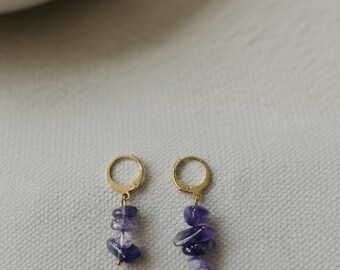 Boucles d'Oreilles Pendantes en Améthyste et Acier Inoxidable – Edition Fêtes