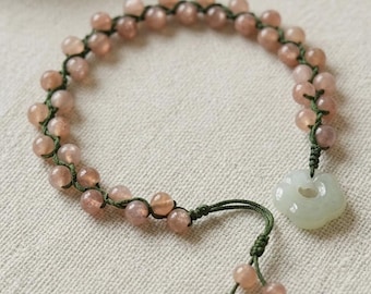 Handmade Peach Agate Beaded Bracelet, Jade Flower Charm, Boho Chic Jewelry