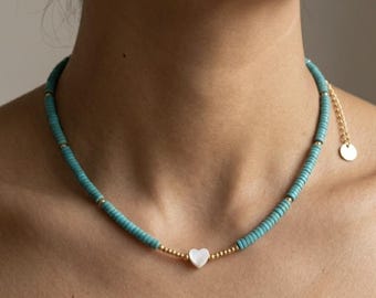 Handmade Turquoise Heishi Beaded Choker – Mother of Pearl Heart Pendant, Gold Accent, Boho Style