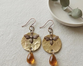 Hand Hammered Brass Bee Earrings with Natural Amber Drop – Boho Nature Jewelry