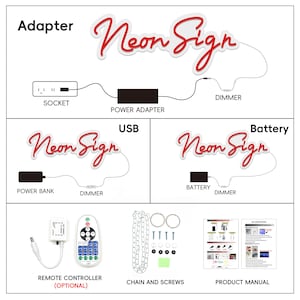 Pu&ograve; includere: Diagramma di un'insegna al neon con la scritta "Neon Sign" in rosso. Il diagramma mostra diverse opzioni di alimentazione: adattatore, USB e batteria. Accessori: telecomando, catena, viti e manuale del prodotto.