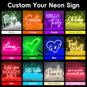 May include: A selection of custom neon signs in various colors, including white, orange, purple, and yellow. The signs display phrases like "Bride to be," "Salon," and "Hello Thirty." Each sign is illuminated and set against a contrasting background.